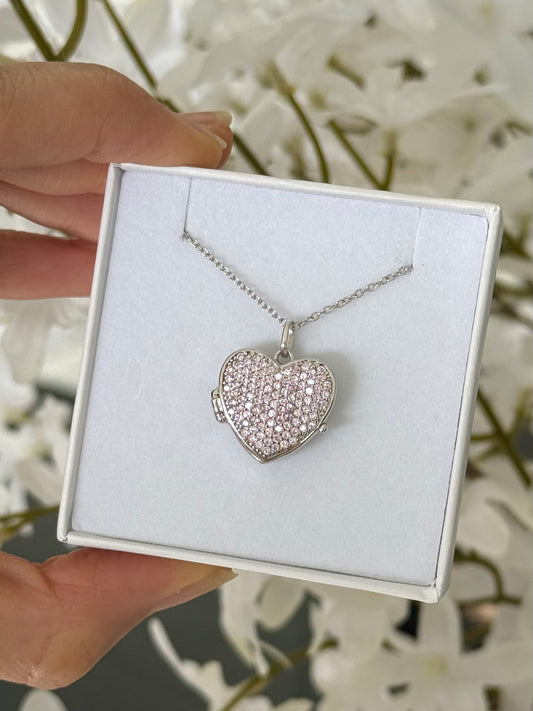 Collar corazón locket con cz pave