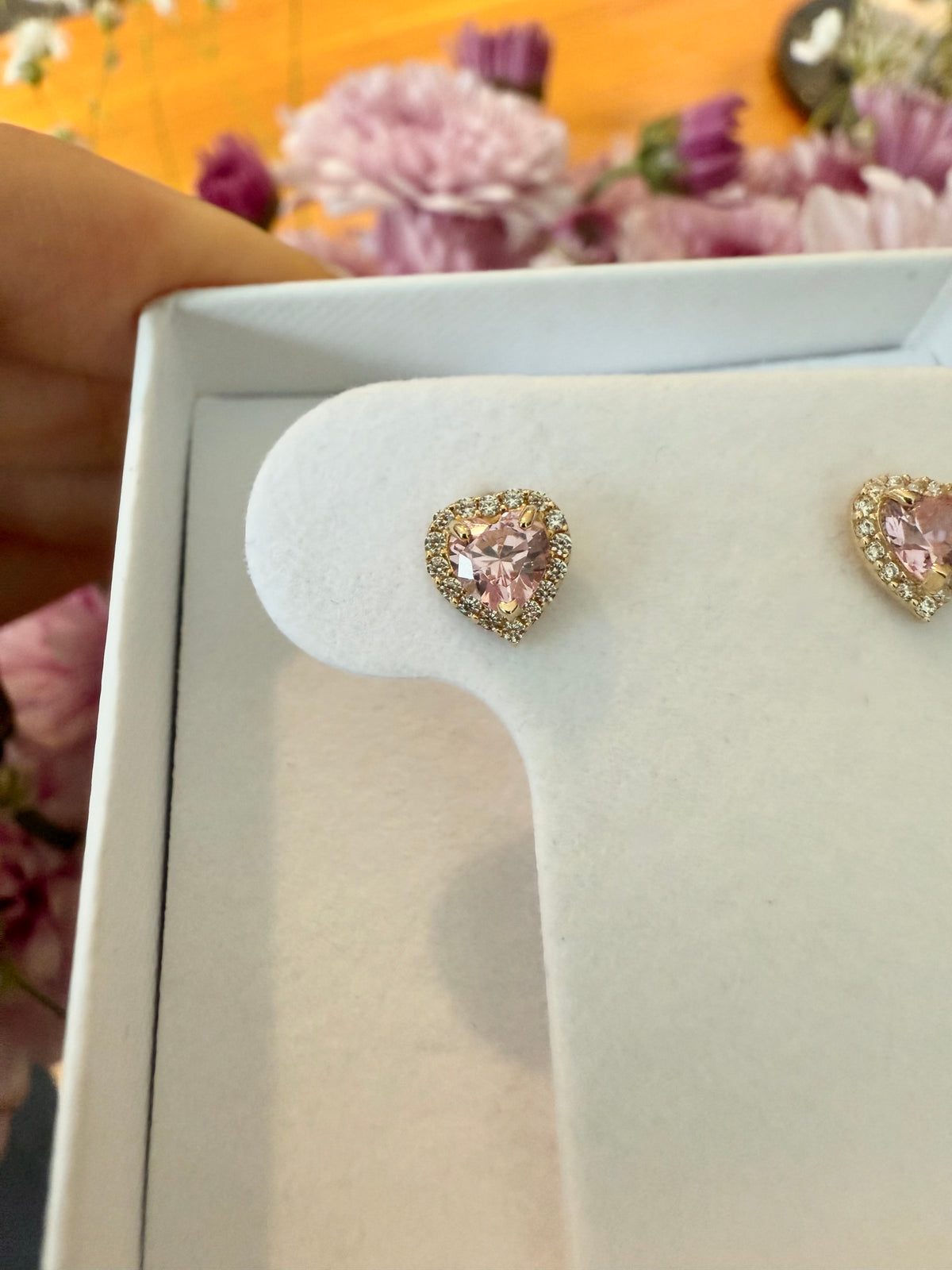 Aretes corazón rosa halo cz