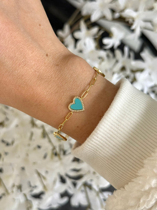 Pulsera paperclip corazones turquesa