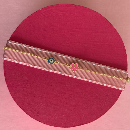 Pulsera ojo turco y flor rosa