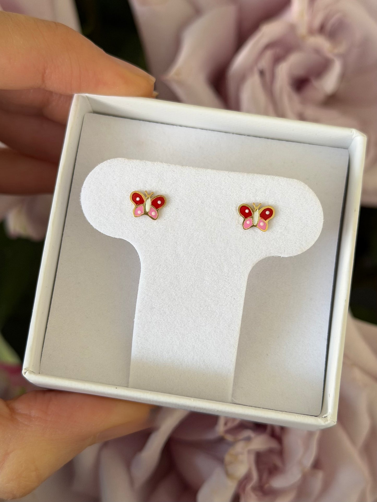 Aretes mariposas esmaltadas rosa/rojo