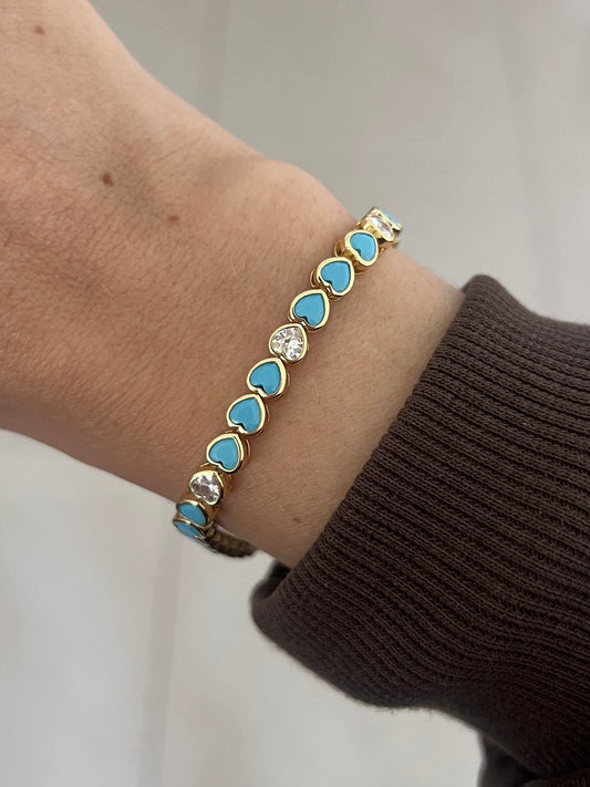 Pulsera tenis de corazones turquesa cz