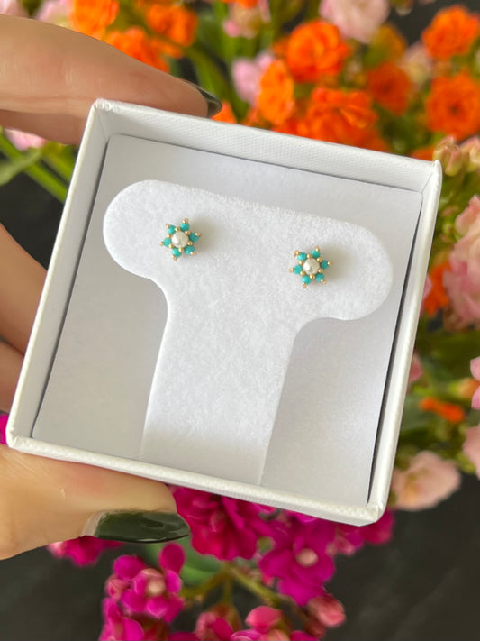 Aretes flor mediana turquesa perla