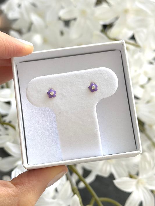Arete flor mini enamel morado y cz