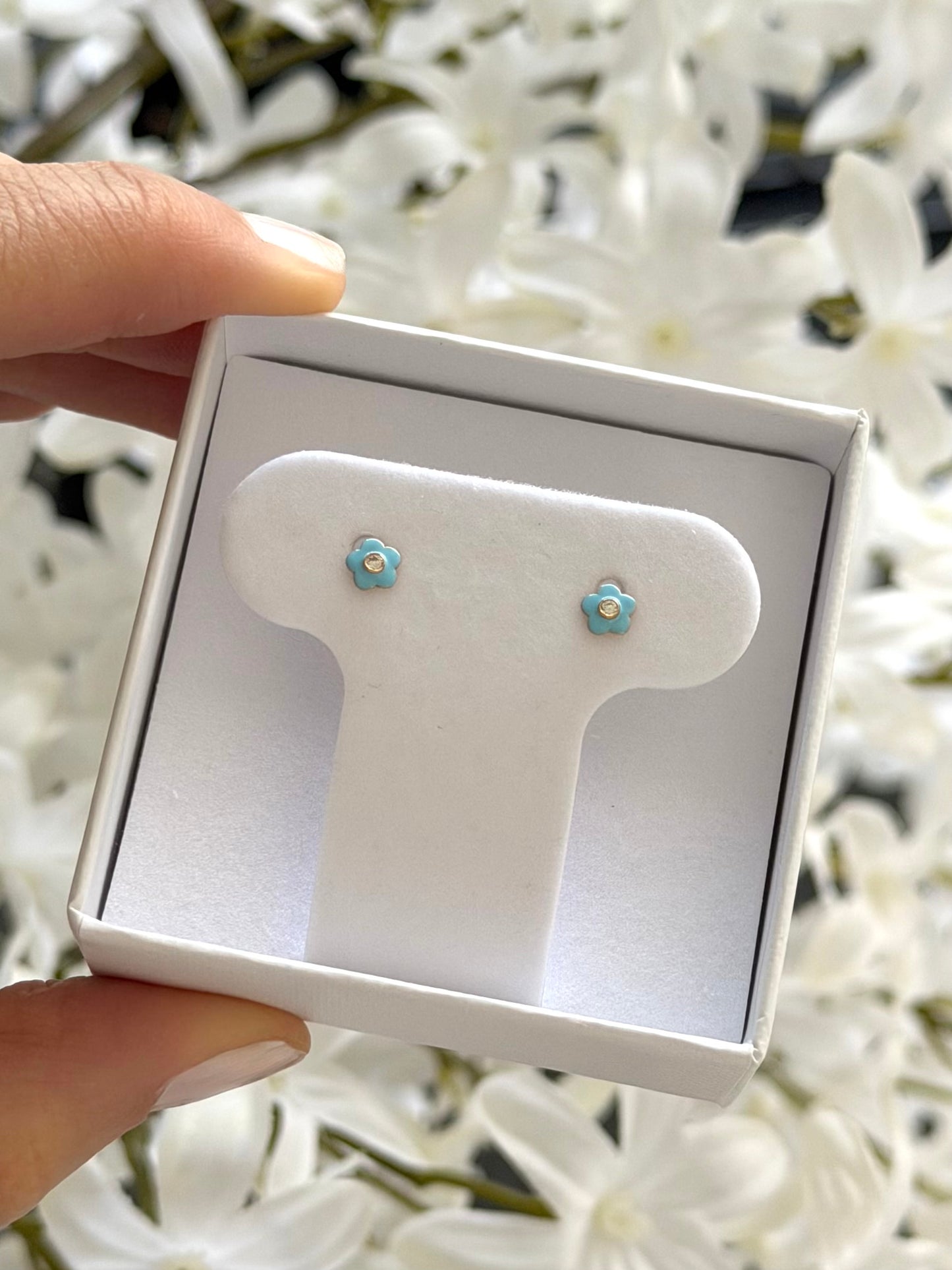 Arete flor chica enamel azul y cz