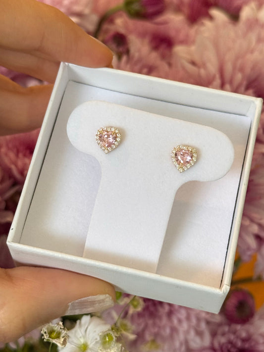 Aretes corazón rosa halo cz