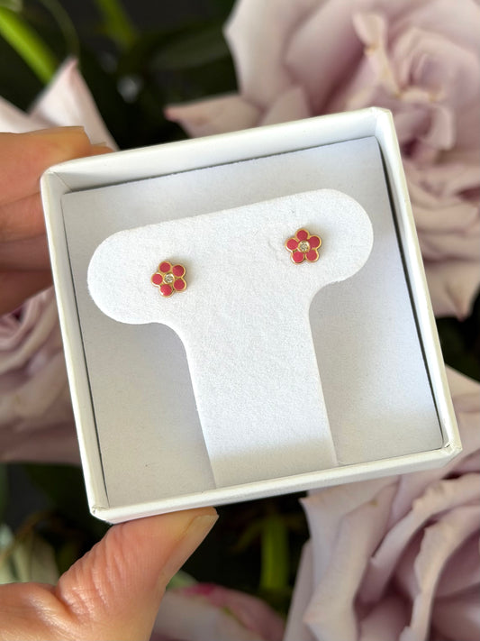 Arete flor esmaltada rosa cz